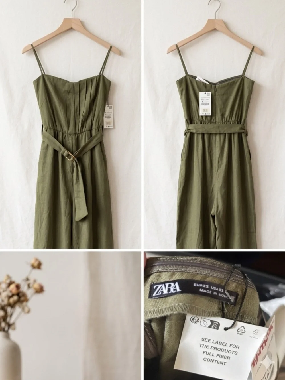 Zara Olive Green Linen-Blend Belted Spaghetti-Strap Jumpsuit